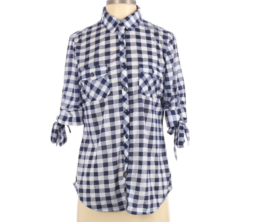 EDEN & OLIVIA 3/4 Sleeve Button-Up Jersey Check Blouse Womens Size S Shirt